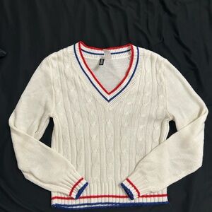H&M Cream V-Neck Sweater with Red and Blue Accents